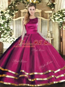 Charming Scoop Sleeveless Tulle Quince Ball Gowns Ruffled Layers Lace Up