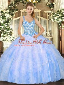Straps Sleeveless Organza Ball Gown Prom Dress Beading and Ruffles Lace Up