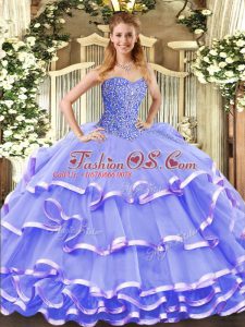 Fitting Sweetheart Sleeveless Quinceanera Dresses Floor Length Beading and Ruffled Layers Lavender Organza