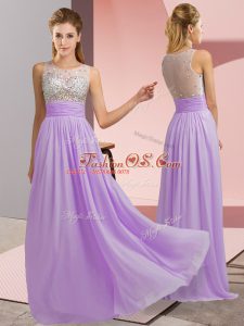 Shining Lavender Empire Chiffon Scoop Sleeveless Beading Floor Length Side Zipper Prom Dresses