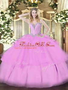 Captivating Floor Length Lilac Ball Gown Prom Dress Tulle Sleeveless Beading and Ruffled Layers