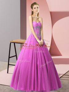 Lilac A-line Sweetheart Sleeveless Tulle Floor Length Lace Up Beading Party Dress for Girls