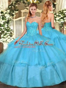 Exceptional Aqua Blue Tulle Lace Up 15th Birthday Dress Sleeveless Floor Length Beading and Ruffled Layers
