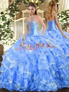 Baby Blue Organza Lace Up Quinceanera Gown Sleeveless Floor Length Beading and Ruffled Layers