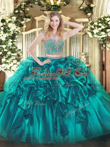 Chic Beading and Ruffles Quinceanera Gown Teal Lace Up Sleeveless Floor Length