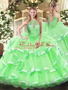 Charming Lace Up Halter Top Beading and Ruffles Quinceanera Gown Organza Sleeveless