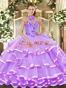 Lavender Sleeveless Organza Lace Up 15th Birthday Dress for Military Ball and Sweet 16 and Quinceanera