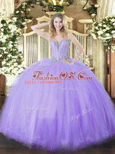 Lavender Sleeveless Beading Floor Length Ball Gown Prom Dress