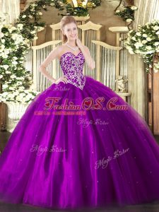 Floor Length Eggplant Purple 15 Quinceanera Dress Tulle Sleeveless Beading