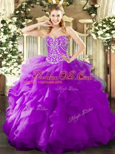 Purple Organza Lace Up Sweetheart Sleeveless Floor Length Quince Ball Gowns Beading and Ruffles