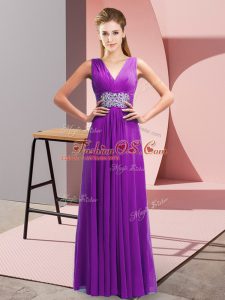 Enchanting Purple Empire Chiffon V-neck Sleeveless Beading and Ruching Floor Length Side Zipper Prom Party Dress