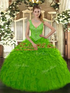 Most Popular Beading and Ruffles Quinceanera Dresses Green Zipper Sleeveless Floor Length