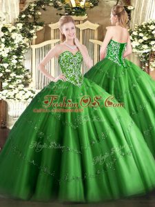 Beading and Appliques Quince Ball Gowns Green Lace Up Sleeveless Floor Length
