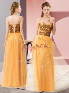 Sweetheart Sleeveless Prom Dress Floor Length Sequins Gold Tulle