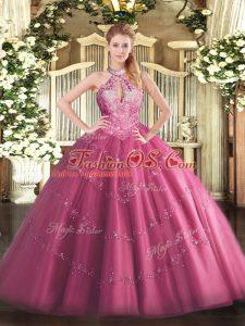 Hot Pink Sleeveless Tulle Lace Up Sweet 16 Dress for Military Ball and Sweet 16 and Quinceanera