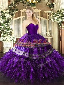 Organza and Taffeta Sleeveless Floor Length 15 Quinceanera Dress and Embroidery and Ruffles
