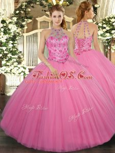 Floor Length Lace Up Sweet 16 Dresses Rose Pink for Military Ball and Sweet 16 and Quinceanera with Beading