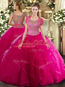 Adorable Sleeveless Floor Length Beading and Ruffled Layers Clasp Handle 15th Birthday Dress with Hot Pink