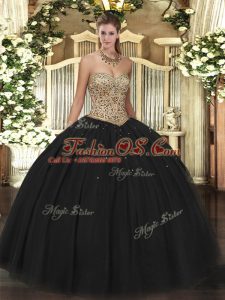 Sleeveless Tulle Floor Length Lace Up Quinceanera Gown in Black with Beading