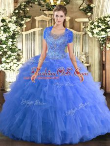 Baby Blue Sleeveless Tulle Clasp Handle 15th Birthday Dress for Military Ball and Sweet 16 and Quinceanera
