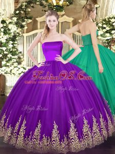 Purple Ball Gowns Strapless Sleeveless Tulle Floor Length Zipper Appliques Quinceanera Dresses