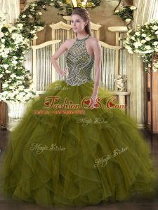 Sleeveless Floor Length Beading Lace Up Sweet 16 Dresses with Olive Green