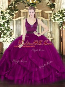Ideal Fuchsia Ball Gowns Tulle Straps Sleeveless Beading and Ruffles Floor Length Zipper Sweet 16 Dresses