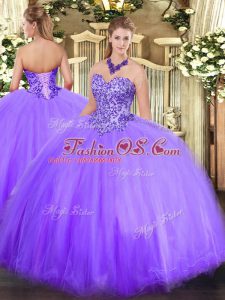 Eye-catching Lavender Ball Gowns Tulle Sweetheart Sleeveless Appliques Floor Length Lace Up Quinceanera Gowns
