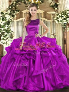 Best Scoop Sleeveless Quinceanera Dresses Floor Length Ruffles Purple Organza