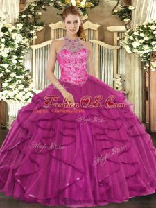 Beautiful Floor Length Fuchsia 15th Birthday Dress Tulle Sleeveless Beading and Ruffles