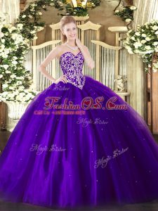 Wonderful Purple 15 Quinceanera Dress Military Ball and Sweet 16 and Quinceanera with Beading Sweetheart Sleeveless Lace Up