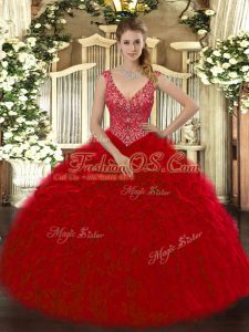 Edgy Floor Length Wine Red Quinceanera Dresses V-neck Sleeveless Zipper