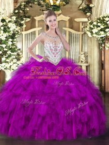 Dynamic Fuchsia Ball Gowns Scoop Sleeveless Tulle Floor Length Zipper Beading and Ruffles Sweet 16 Dresses