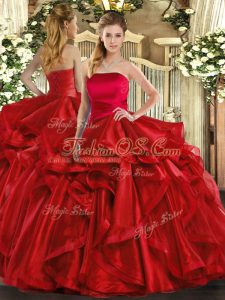 Red Lace Up Strapless Ruffles Quinceanera Gown Organza Sleeveless