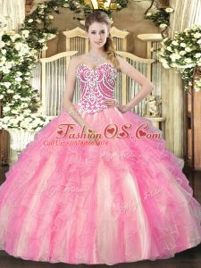 Rose Pink Sleeveless Beading and Ruffles Floor Length 15th Birthday Dress