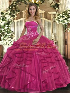 Super Sleeveless Tulle Floor Length Zipper Vestidos de Quinceanera in Hot Pink with Beading and Ruffles