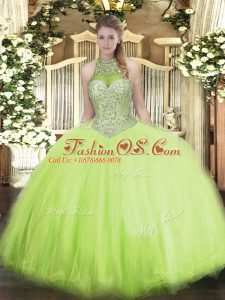 Admirable Yellow Green Halter Top Neckline Beading Ball Gown Prom Dress Sleeveless Lace Up
