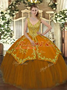 Beading and Embroidery Quinceanera Dress Rust Red Zipper Sleeveless Floor Length