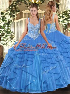 Sleeveless Floor Length Beading and Ruffles Lace Up Sweet 16 Quinceanera Dress with Baby Blue
