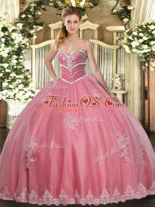 Most Popular Watermelon Red Ball Gowns Beading and Appliques 15 Quinceanera Dress Lace Up Tulle Sleeveless Floor Length
