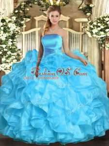 Aqua Blue Strapless Neckline Ruffles 15 Quinceanera Dress Sleeveless Lace Up