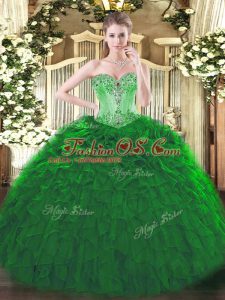 Dark Green Sweetheart Neckline Beading and Ruffles Ball Gown Prom Dress Sleeveless Lace Up