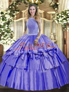 Decent High-neck Sleeveless Lace Up Quinceanera Dresses Lavender Organza and Taffeta