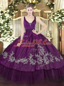 Free and Easy Purple Ball Gowns Organza and Taffeta Straps Sleeveless Beading and Embroidery Floor Length Zipper Quinceanera Dress