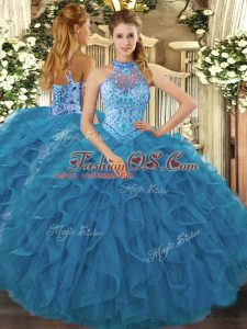 Fine Teal Quince Ball Gowns Sweet 16 and Quinceanera with Embroidery and Ruffles Halter Top Sleeveless Lace Up