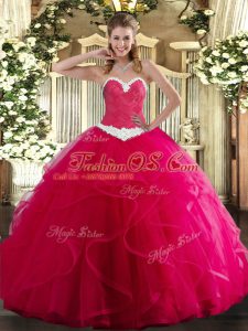 Adorable Hot Pink Tulle Lace Up Sweetheart Sleeveless Floor Length Quince Ball Gowns Appliques and Ruffles