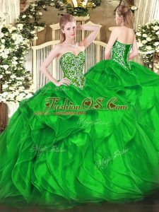 Green Lace Up Quinceanera Dresses Beading and Ruffles Sleeveless Floor Length