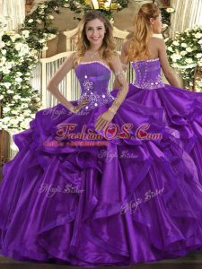 Ball Gowns Quinceanera Dresses Purple Strapless Organza Sleeveless Floor Length Lace Up