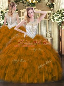 Decent Brown Sleeveless Beading and Ruffles Floor Length Vestidos de Quinceanera
