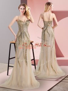 Sweep Train Column/Sheath Party Dress for Toddlers Champagne Spaghetti Straps Tulle Sleeveless Side Zipper